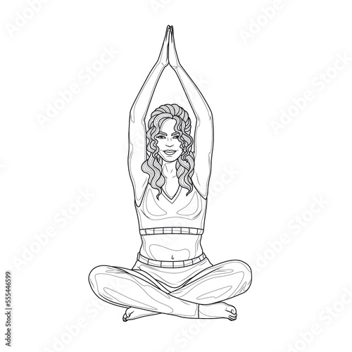 Yoga Girl.Coloring book antistress for children and adults. Illustration isolated on white background.Zen-tangle style. Hand draw