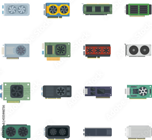 Graphics card icons set flat vector. Video board. Chip game isolated