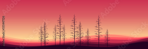 pine tree silhouette landscape vector illustration good for wallpaper, background, banner, backdrop, halloween and design template	