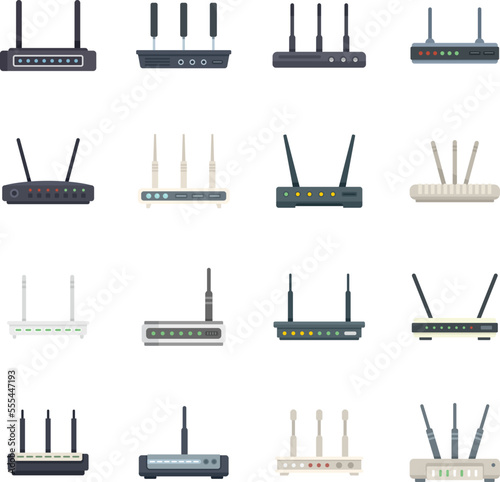 Modem icons set flat vector. Internet router. Lan port access isolated
