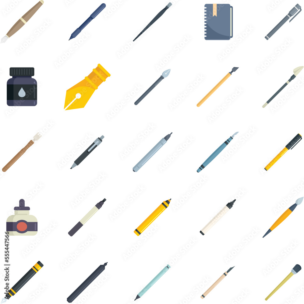 Calligraphy tools icons set flat vector. Paint nib. Lettering kit isolated Calligraphy tools icons set flat vector. Paint nib. Lettering kit isolated