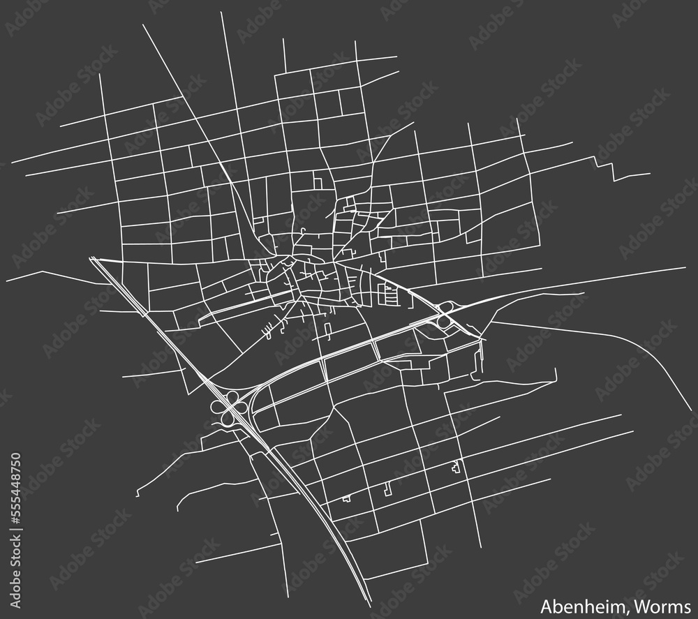 Detailed negative navigation white lines urban street roads map of the ABENHEIM QUARTER of the German town of WORMS, Germany on dark gray background