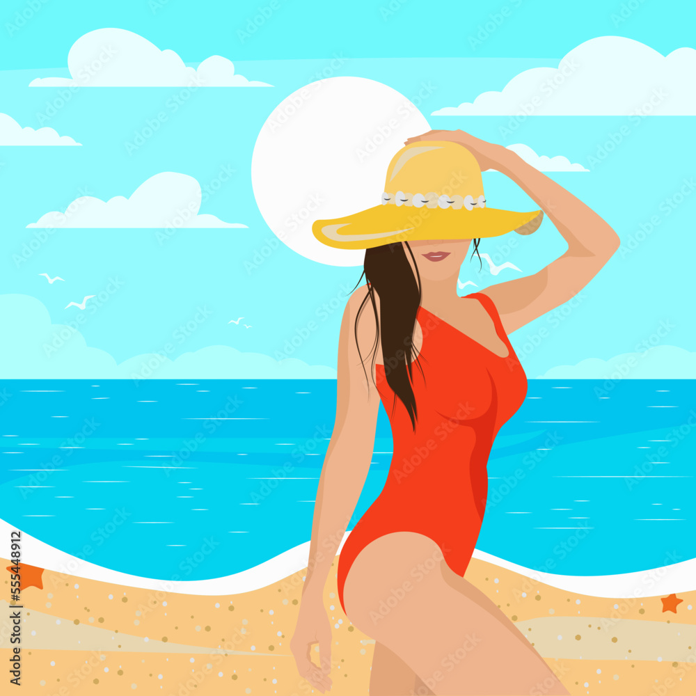 Girl on the beach sunbathing, vector illustration