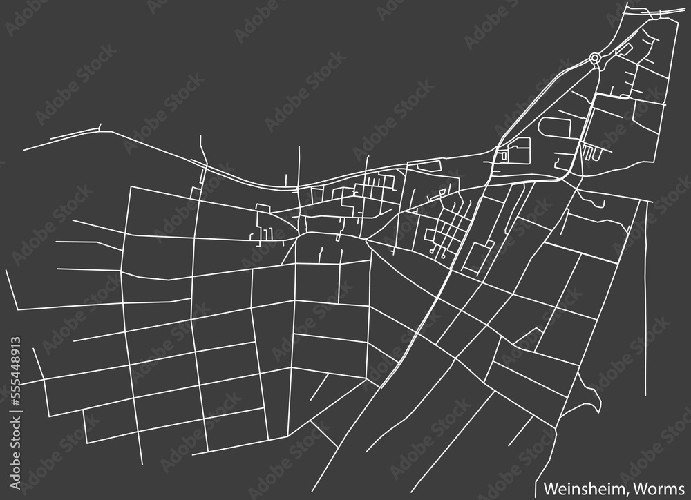 Detailed negative navigation white lines urban street roads map of the WEINSHEIM QUARTER of the German town of WORMS, Germany on dark gray background