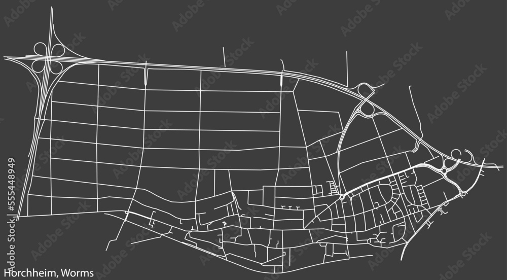 Detailed negative navigation white lines urban street roads map of the HORCHHEIM QUARTER of the German town of WORMS, Germany on dark gray background