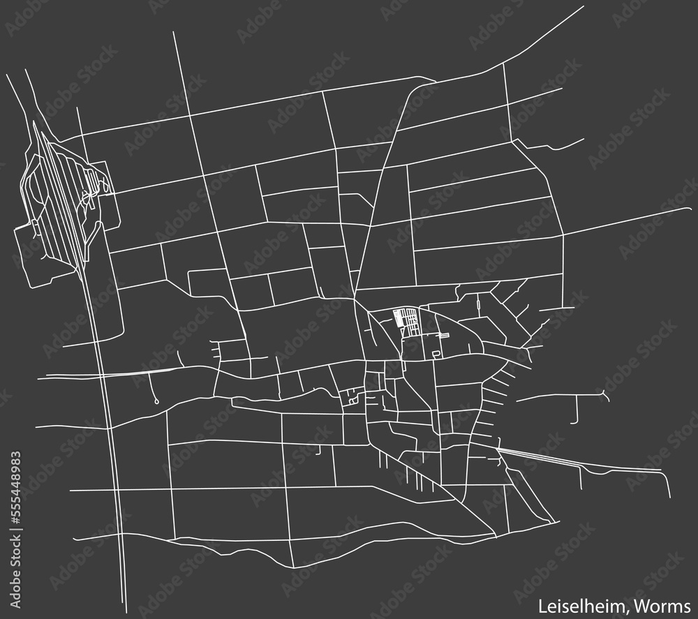 Detailed negative navigation white lines urban street roads map of the LEISELHEIM QUARTER of the German town of WORMS, Germany on dark gray background