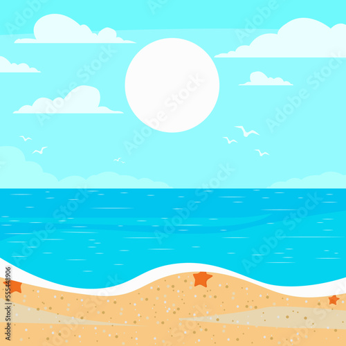 Beach landscape, outdoor recreation, sea, vector illustration