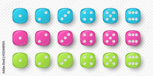 Vector 3d Realistic Blue, Pink, Green Game Dice Icon Set Closeup Isolated. Game Cubes for Gambling, Casino Dices From One to Six Dots, Round Edges