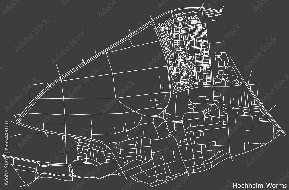 Detailed negative navigation white lines urban street roads map of the HOCHHEIM QUARTER of the German town of WORMS, Germany on dark gray background