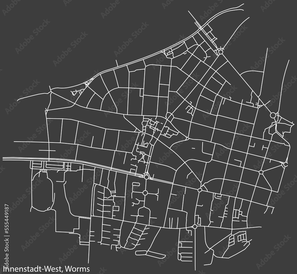 Detailed negative navigation white lines urban street roads map of the INNENSTADT WEST QUARTER of the German town of WORMS, Germany on dark gray background