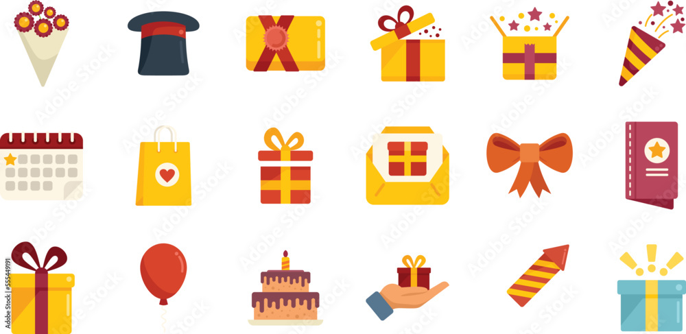 Surprise icons set flat vector. Gift box. Birthday present isolated Surprise icons set flat vector. Gift box. Birthday present isolated