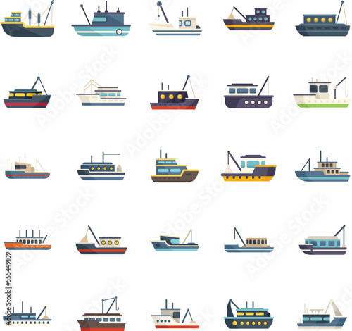Fishing boat icons set flat vector. Cargo marine. Ocean ship isolated