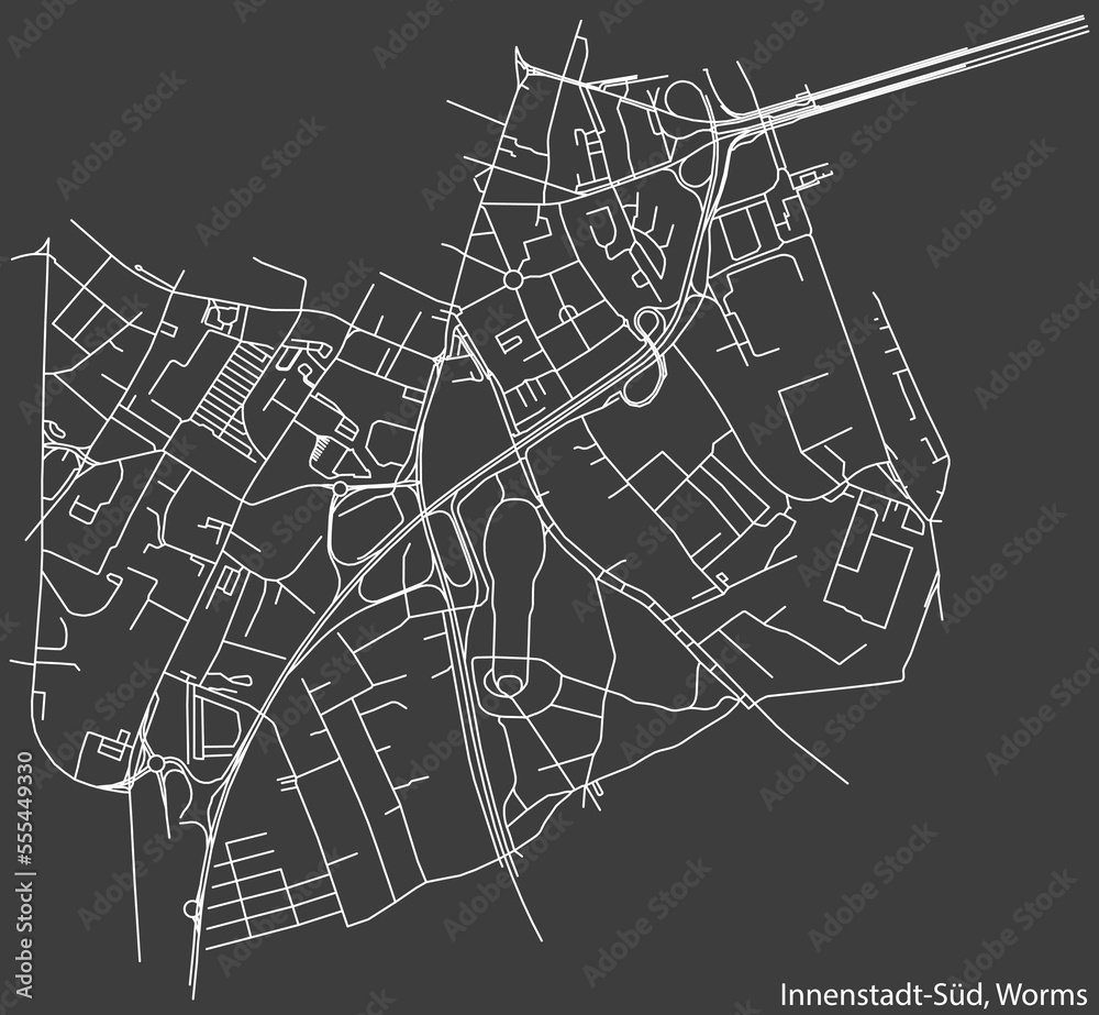 Detailed negative navigation white lines urban street roads map of the INNENSTADT SÜD QUARTER of the German town of WORMS, Germany on dark gray background