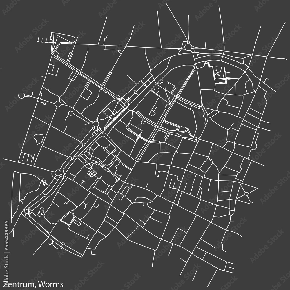 Detailed negative navigation white lines urban street roads map of the STADTZENTRUM QUARTER of the German town of WORMS, Germany on dark gray background