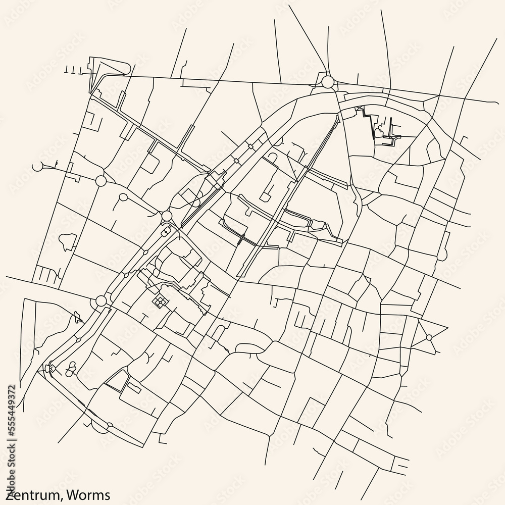 Detailed navigation black lines urban street roads map of the STADTZENTRUM QUARTER of the German town of WORMS, Germany on vintage beige background