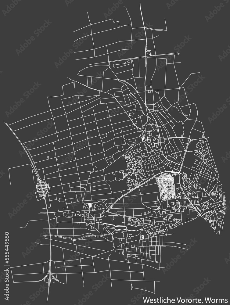 Detailed negative navigation white lines urban street roads map of the STADTBEZIRK  WESTLICHE VORORTE DISTRICT of the German town of WORMS, Germany on dark gray background