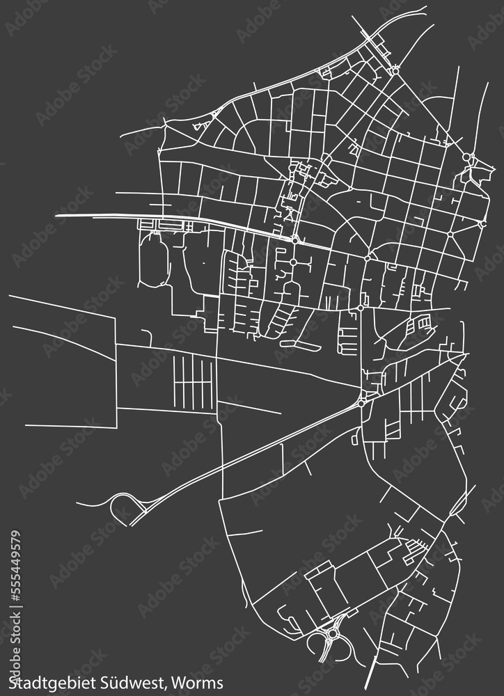 Detailed negative navigation white lines urban street roads map of the STADTGEBIET SÜDWEST DISTRICT of the German town of WORMS, Germany on dark gray background