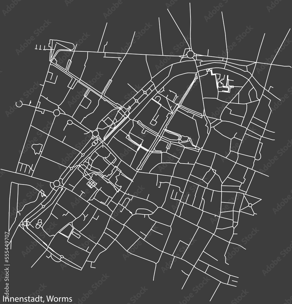 Detailed negative navigation white lines urban street roads map of the INNENSTADT DISTRICT of the German town of WORMS, Germany on dark gray background