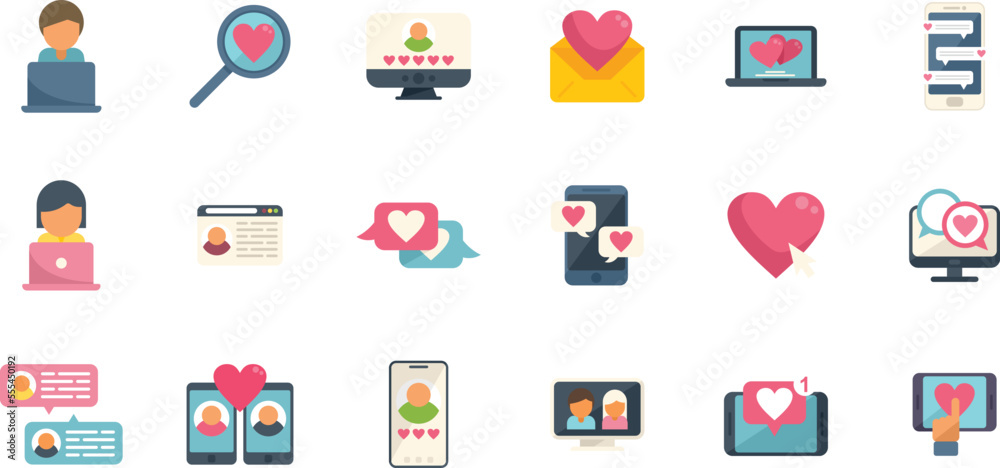Online dating icons set flat vector. Couple dating. Love online isolated Online dating icons set flat vector. Couple dating. Love online isolated