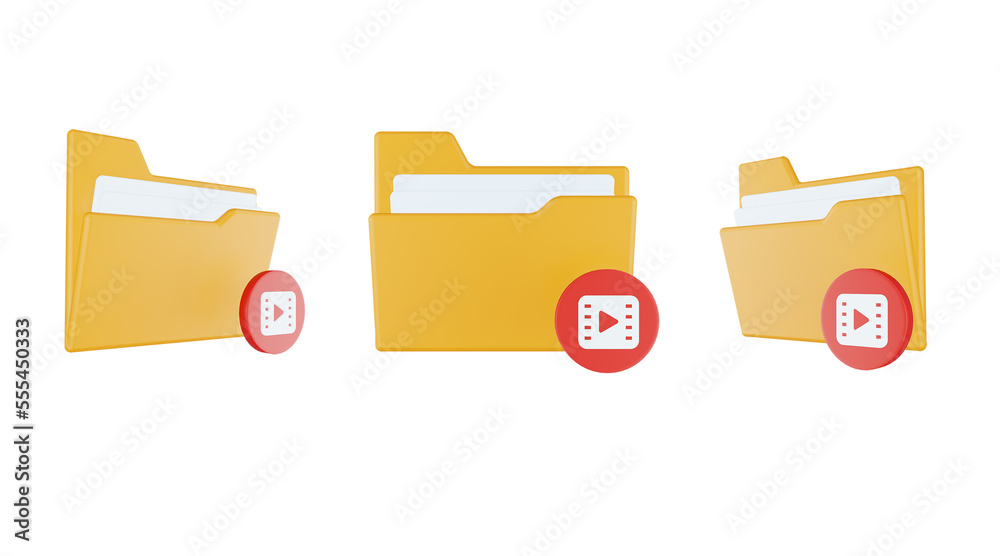 3d render folder film icon with orange file folder and red film