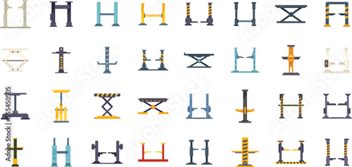 Car lift icons set flat vector. Auto garage. Station equipment isolated