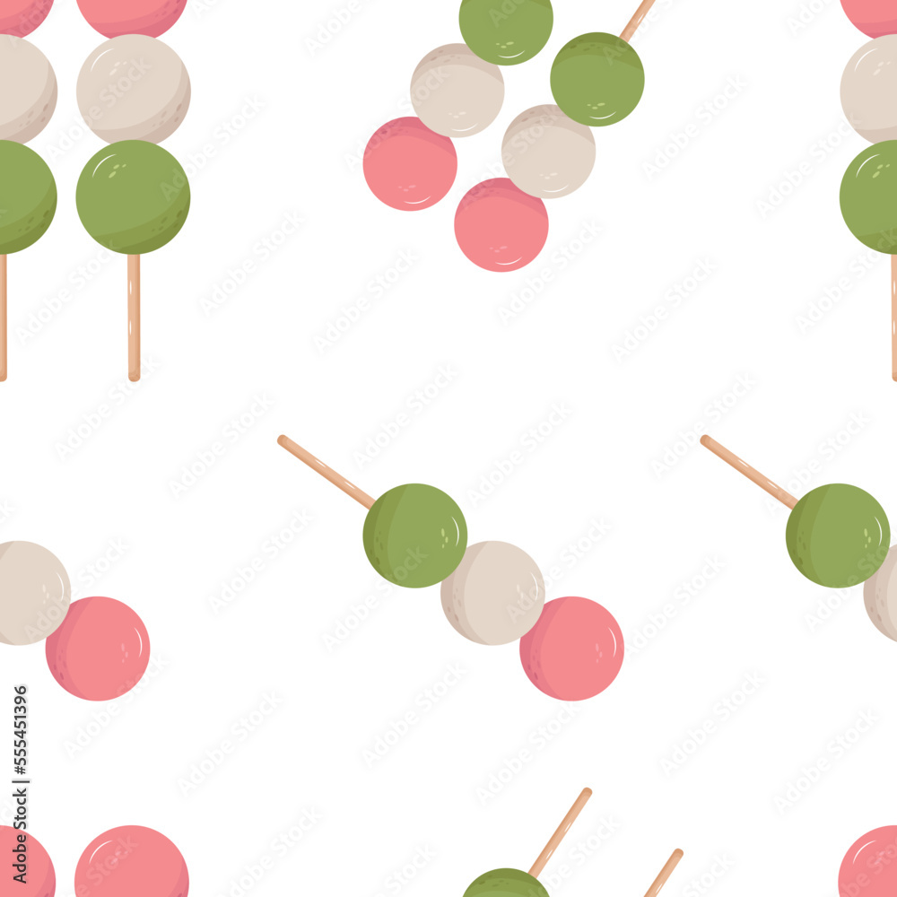 Japanese traditional dessert pattern on white background. Hanami Dango. Japanese Dango dessert with 3 colors pink, white and green. Food pattern for print, textile, wrapping paper, decoration. Japanese traditional dessert pattern on white background. Hanami Dango. Japanese Dango dessert with 3 colors pink, white and green. Food pattern for print, textile, wrapping paper, decoration.