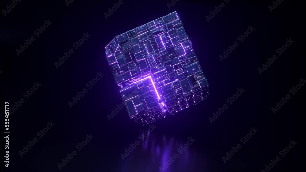 The rotation of a sci-fi cube with neon glowing elements. Abstract 3d animation.