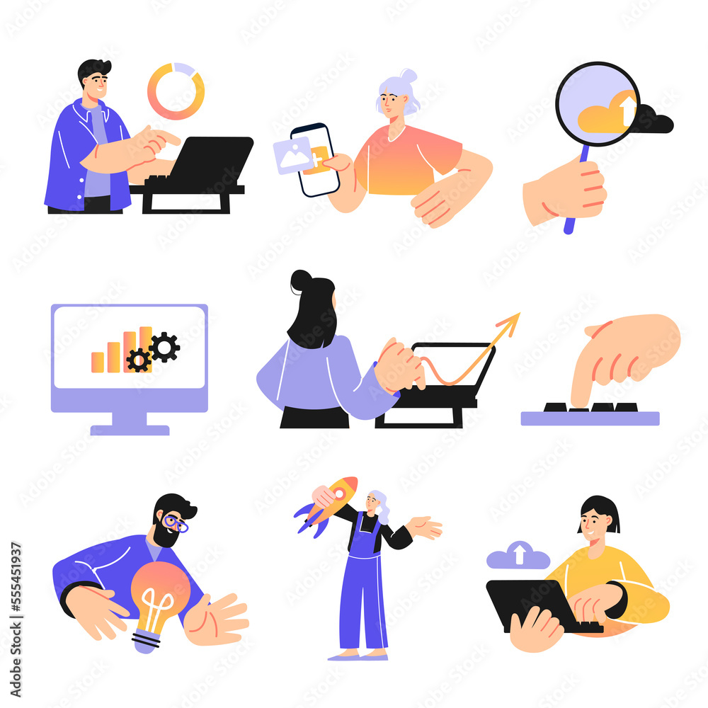 Digital business concept set in flat design. Man and woman analyzing, generate ideas, launch startup, promote in social networks, use cloud tech. Illustration with pack of people scenes for web Digital business concept set in flat design. Man and woman analyzing, generate ideas, launch startup, promote in social networks, use cloud tech. Illustration with pack of people scenes for web