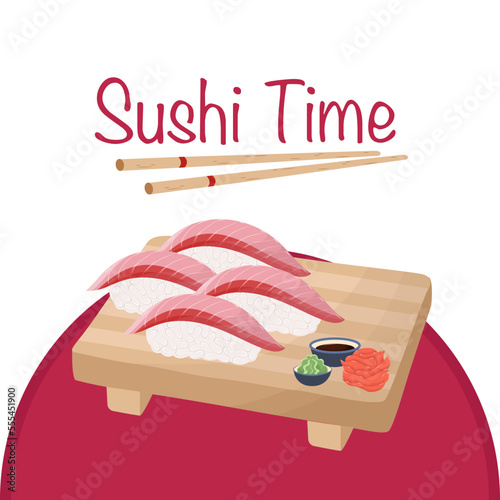 Sushi poster viva magenta. Asian Food poster. Vector hand drawn sushi. Template for social networks on the theme of Sushi. Nigiri set.