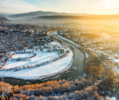 Uzhhorod Ukraine city or town Uzhgorod beautiful aerial panorama winter river Uzh