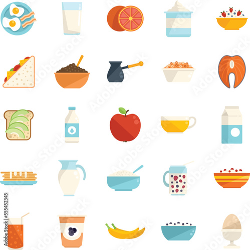 Healthy breakfast icons set flat vector. Protein food. Bread eating isolated