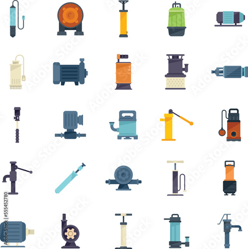 Pump icons set flat vector. Water tank. Station system isolated