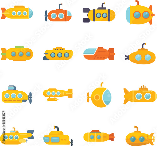 Bathyscaphe icons set flat vector. Diving submarine. Deep apparatus isolated