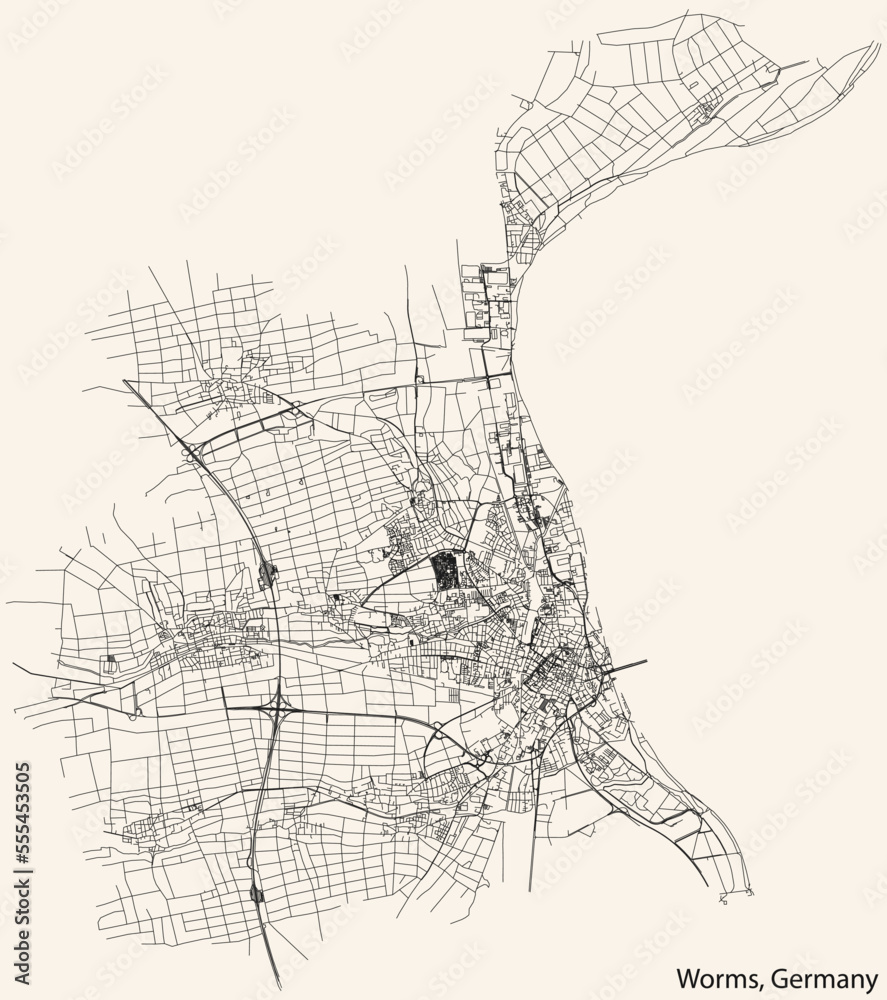 Fototapeta premium Detailed navigation black lines urban street roads map of the German town of WORMS, GERMANY on vintage beige background