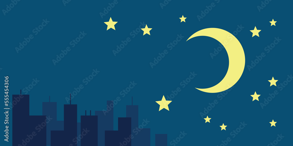 Naklejka premium Night urban landscape. Moon and stars in sky above city
