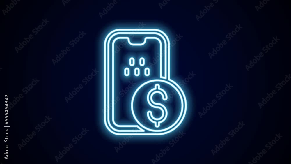 Glowing neon line Mobile banking icon isolated on black background. Transfer money through mobile banking on the mobile phone screen. 4K Video motion graphic animation Glowing neon line Mobile banking icon isolated on black background. Transfer money through mobile banking on the mobile phone screen. 4K Video motion graphic animation