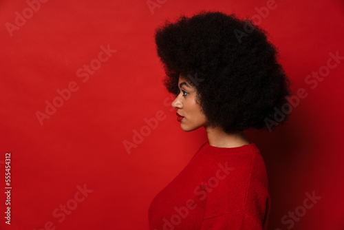 Profile of beautiful african woman standing isolated over red wall