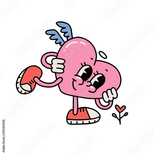 Retro groovy cartoon character of big pink heart. Heart mascot admiring a flower. 70s vibes Valentine Day concept. Vector linear illustration for poster, card, print