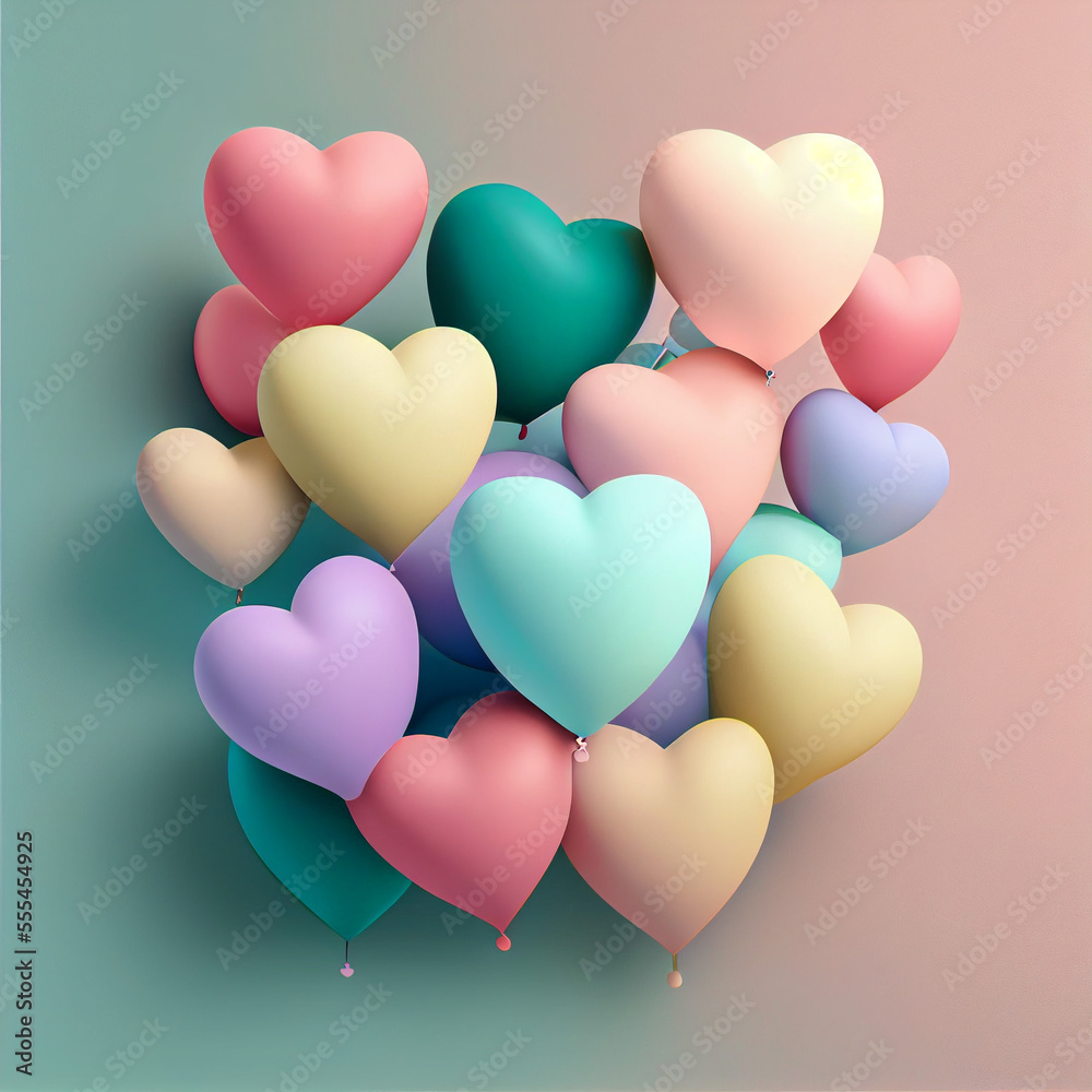 Illustration of Many colourful heart shaped balloons with different sizes. AI generated content