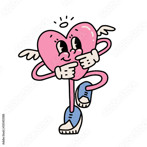 Groovy sticker with dancing heart mascot. Cartoon lovely character with wings and lovely gesture. Fun happy Valentines day isolated concept . Retro 60s 70s style. Funky cute vector illustration