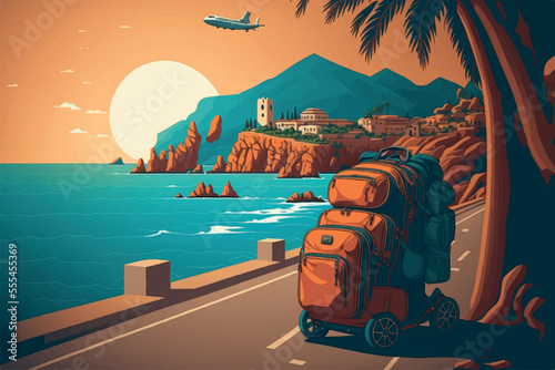 Travel, Trip and Tourism Vector Illustration. Travelling Expedition Touring Stuff. Baggage Vacation and Transport. Generative AI.