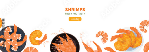 Fresh shrimp banner. Spread A4. Seafood and Asian cuisine. Prawn advertisement