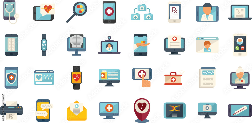 Telemedicine icons set flat vector. Remote doctor. App screen isolated