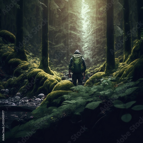 esploratore visto da dietro in mezzo al bosco immerso nella natura photo