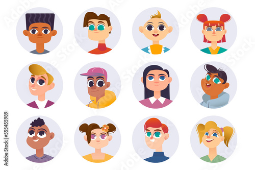 Happy kids characters avatars isolated set. Diverse boys and girls. Schoolboys and schoolgirls together. Portraits of teenagers or classmates. Illustration with people in flat cartoon design
