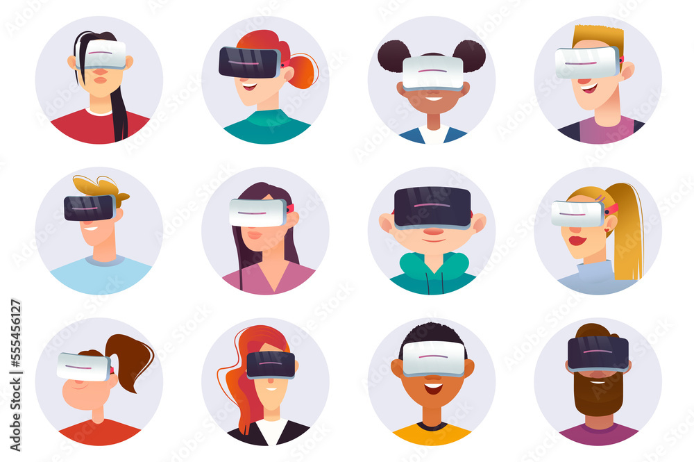 Fototapeta premium Metaverse characters avatars isolated set. Different portraits of men and women with VR headset playing with augmented reality technology. Illustration with people in flat cartoon design