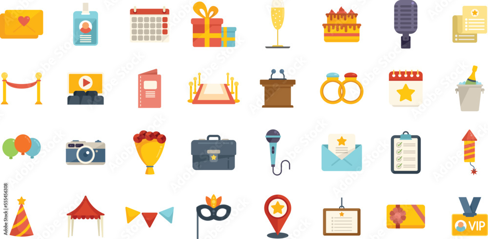 Event management icons set flat vector. Conference participant. Invite sponsorship isolated Event management icons set flat vector. Conference participant. Invite sponsorship isolated