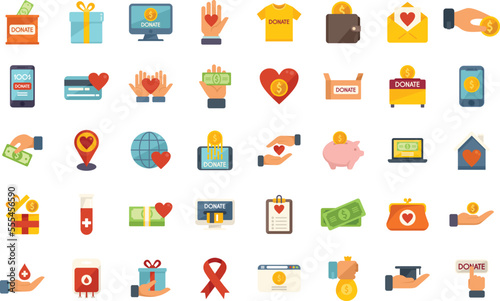 Charitable giving icons set flat vector. Donate food. Nonprofit sponsor isolated