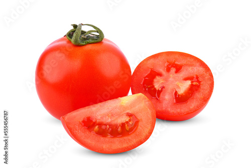 Whole tomato and slices isolated on white background.