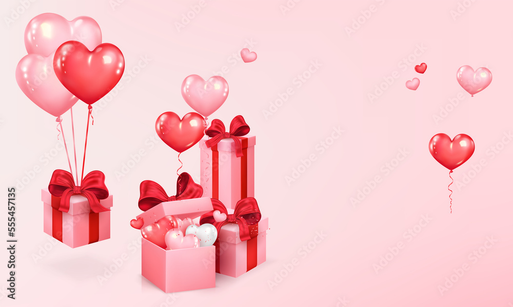 Valentine's day design. Romantic background for posters, party, cover, greeting card, promotion.  Heart shaped balloons fly out of realistic gift boxes. Cute love banner illustration
